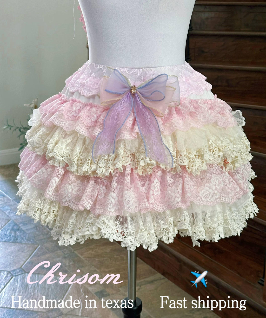 Not for Sale Gallery Display NFS  Handmade Sweet Lolita Tiered Lace Skirt -  Pastel Pink and Cream Frilly Petticoat Skirt