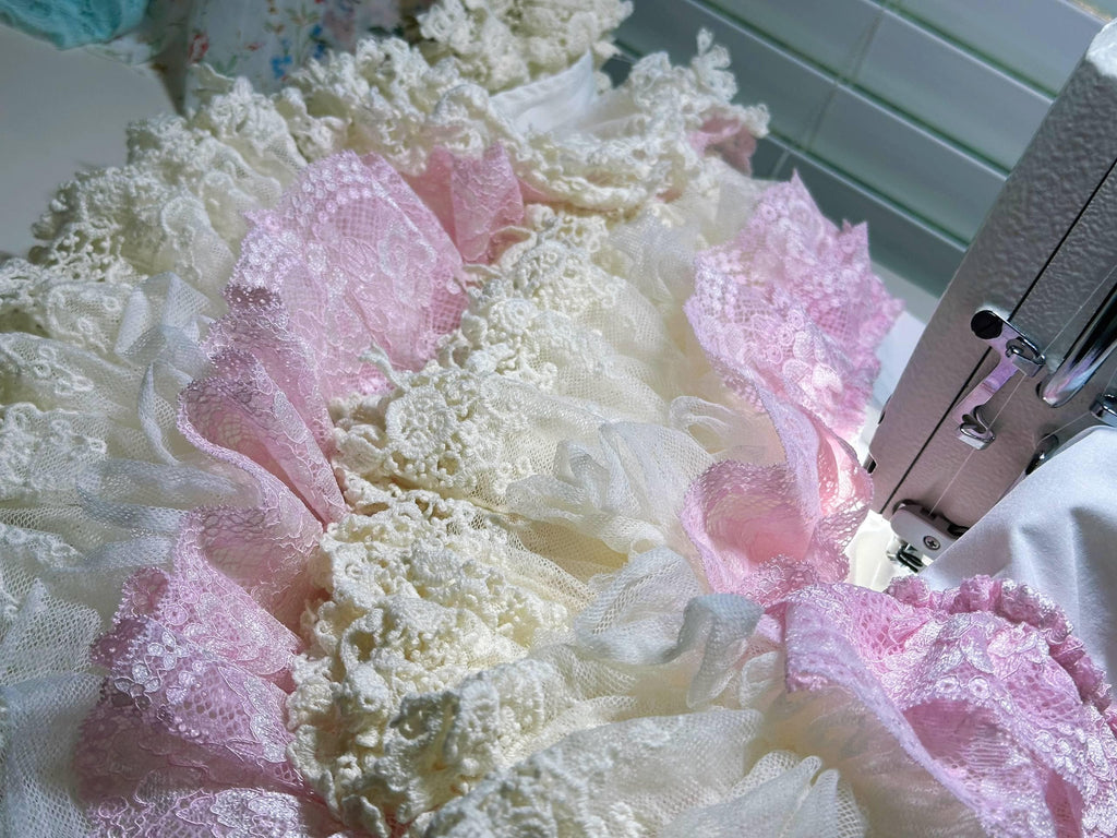 Not for Sale Gallery Display NFS  Handmade Sweet Lolita Tiered Lace Skirt -  Pastel Pink and Cream Frilly Petticoat Skirt