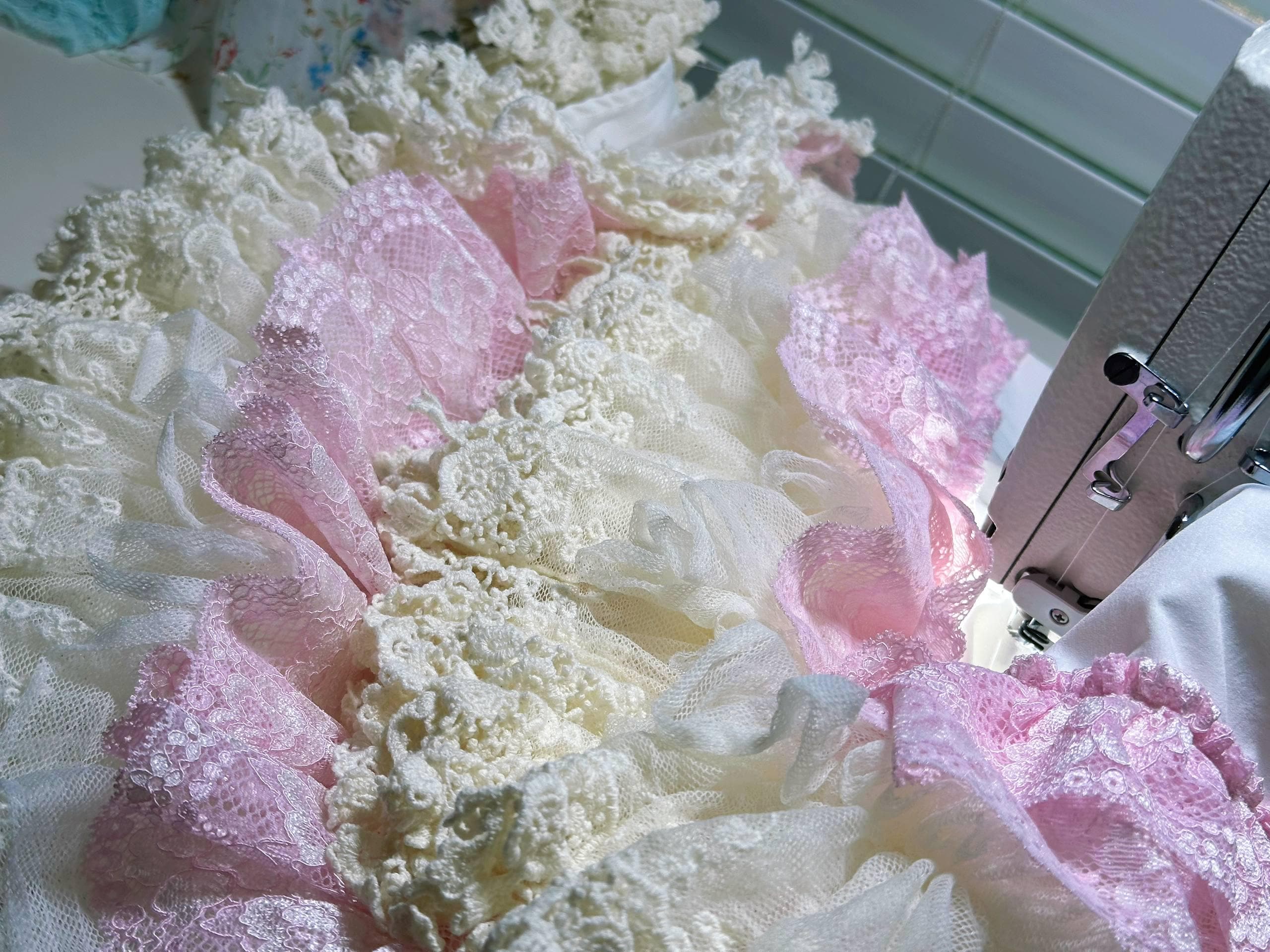 Not for Sale Gallery Display NFS  Handmade Sweet Lolita Tiered Lace Skirt -  Pastel Pink and Cream Frilly Petticoat Skirt