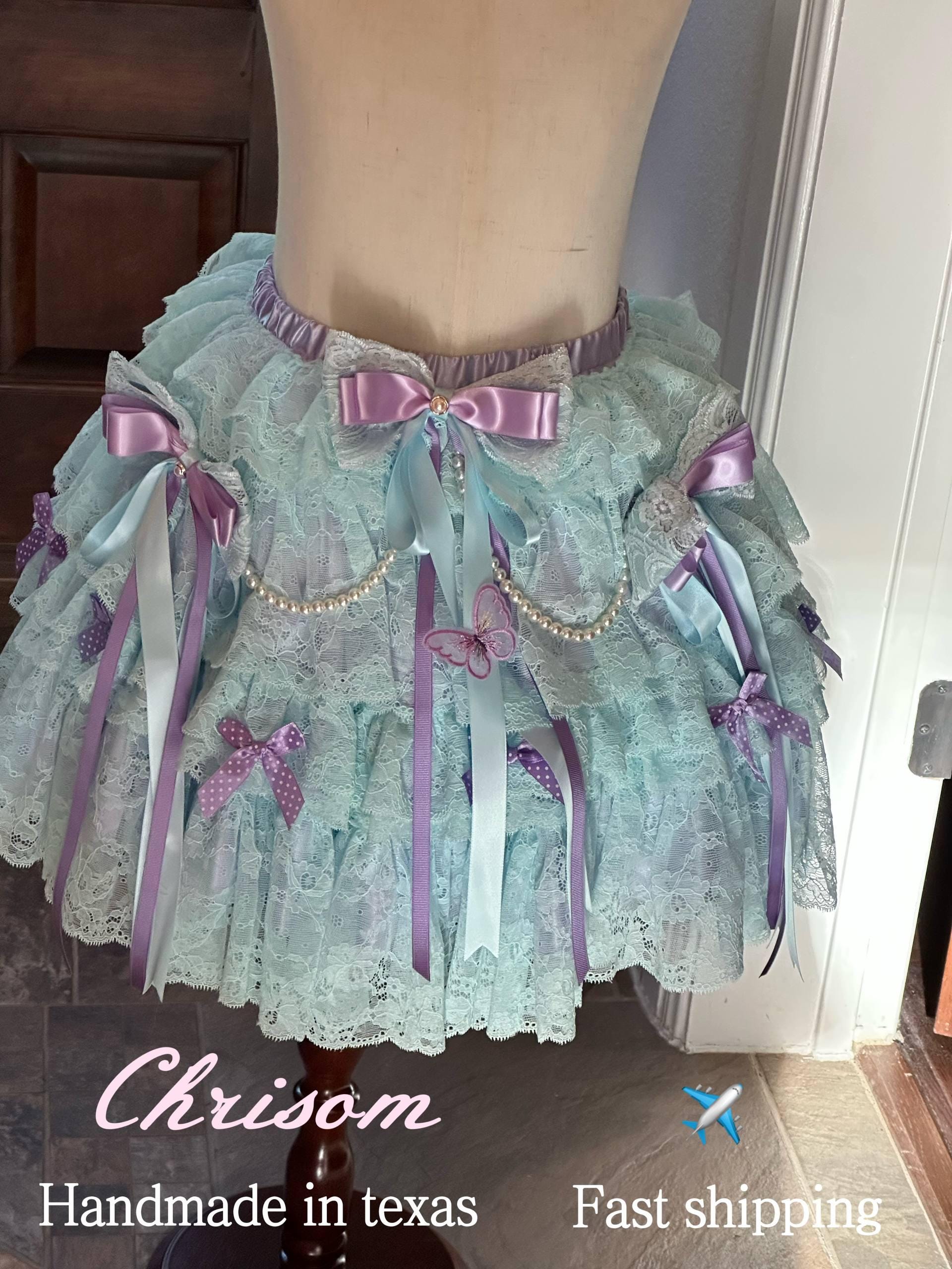 Not for Sale Gallery Display NFS  Handmade Lolita Skirt, Tiered Lace Ruffle Mini Skirt with Butterfly & Pearls, Sweet Lolita Fashion