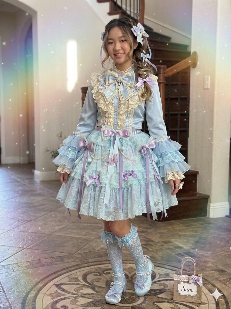 Not for Sale Gallery Display NFS  Handmade Lolita Skirt, Tiered Lace Ruffle Mini Skirt with Butterfly & Pearls, Sweet Lolita Fashion