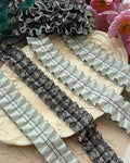 1.5" Heavy Craft Box Pleated Lace Trim, Double Layer Black Mesh & Pastel Cotton Ribbon Garland, Luxury Lolita Skirt Trim, Gothic Gown