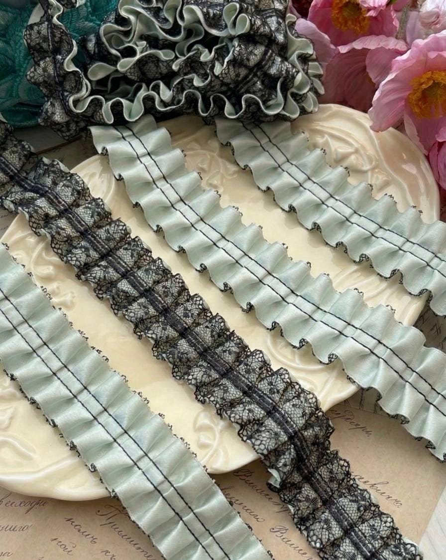 1.5" Heavy Craft Box Pleated Lace Trim, Double Layer Black Mesh & Pastel Cotton Ribbon Garland, Luxury Lolita Skirt Trim, Gothic Gown