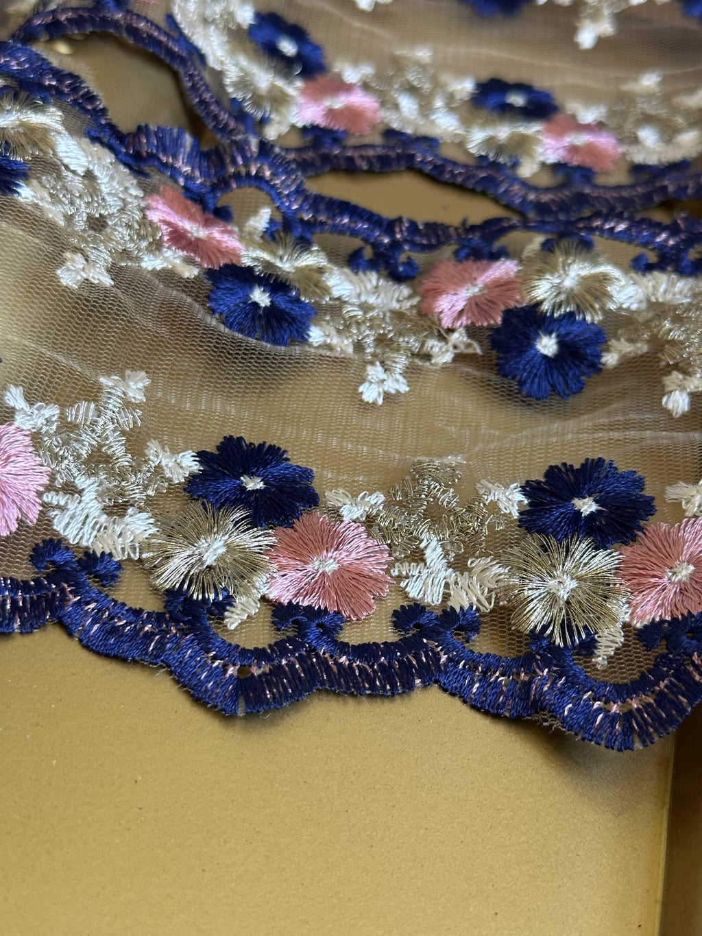 4.5" Navy & Pink Floral Embroidered Organza Lace Trim by the Yard, Heavy Craft Scalloped Double Edged Lace for Lolita Dress, Victorian Craft
