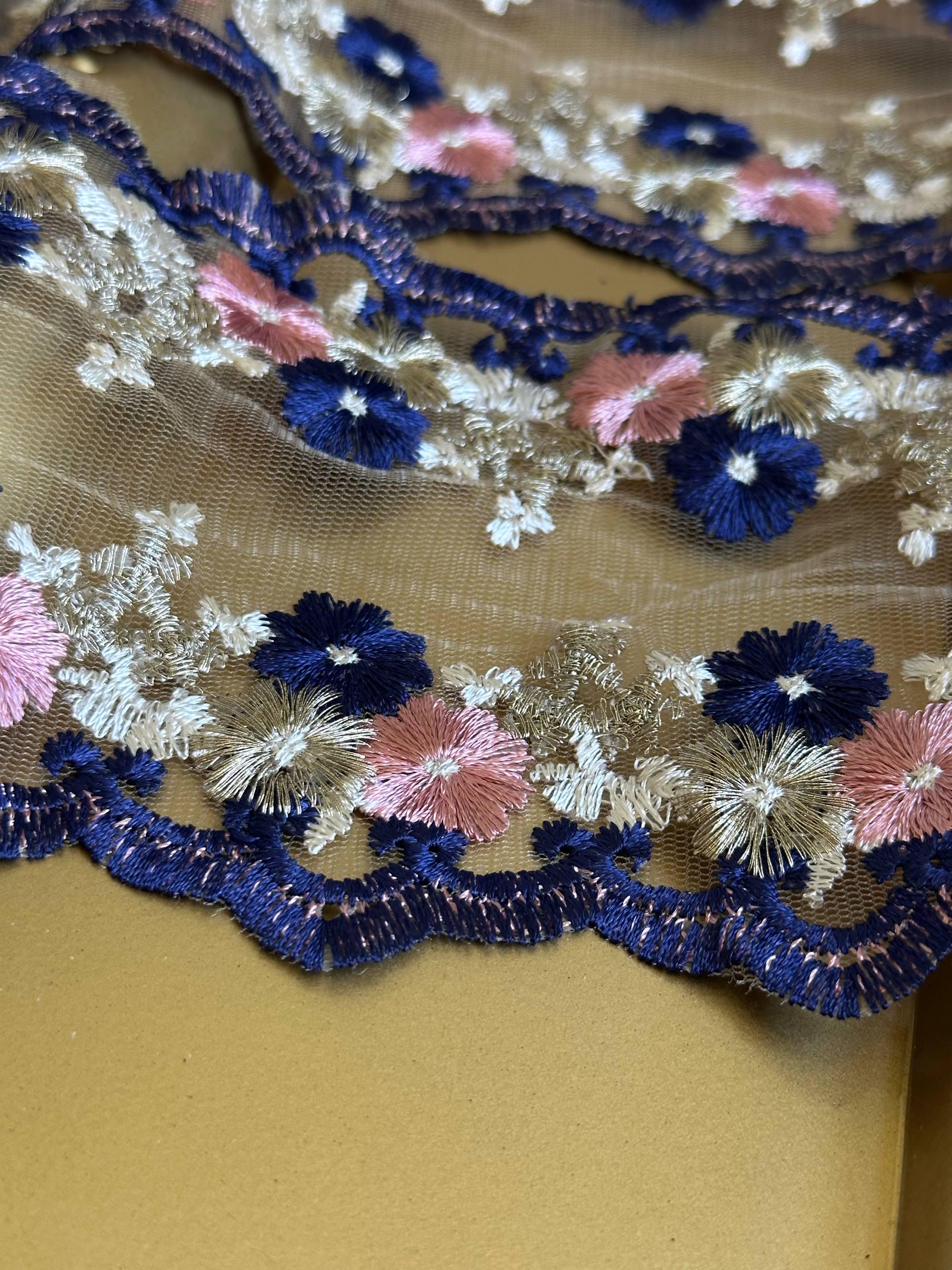 4.5" Navy & Pink Floral Embroidered Organza Lace Trim by the Yard, Heavy Craft Scalloped Double Edged Lace for Lolita Dress, Victorian Craft