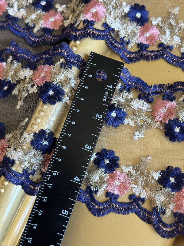4.5" Navy & Pink Floral Embroidered Organza Lace Trim by the Yard, Heavy Craft Scalloped Double Edged Lace for Lolita Dress, Victorian Craft