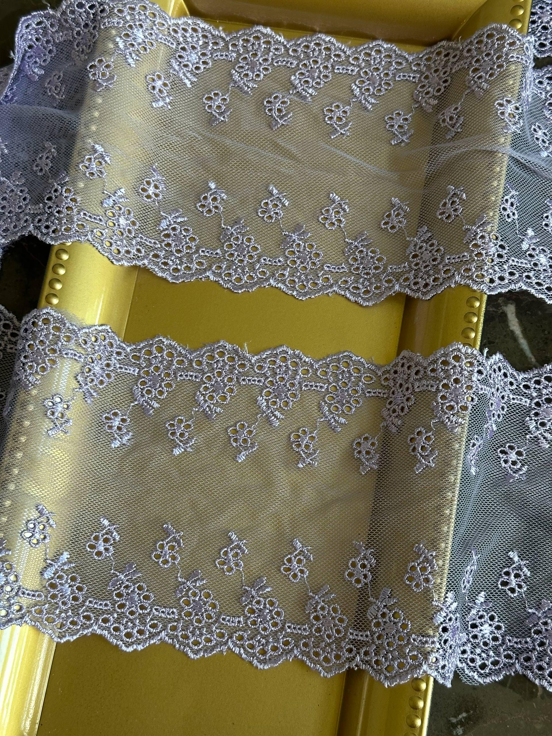 4.5" Ultra Soft Lavender Embroidered Tulle Lace Trim by the Yard, Dainty Double Edged Scalloped Floral Mesh Lace for Lolita, Bridal, Doll