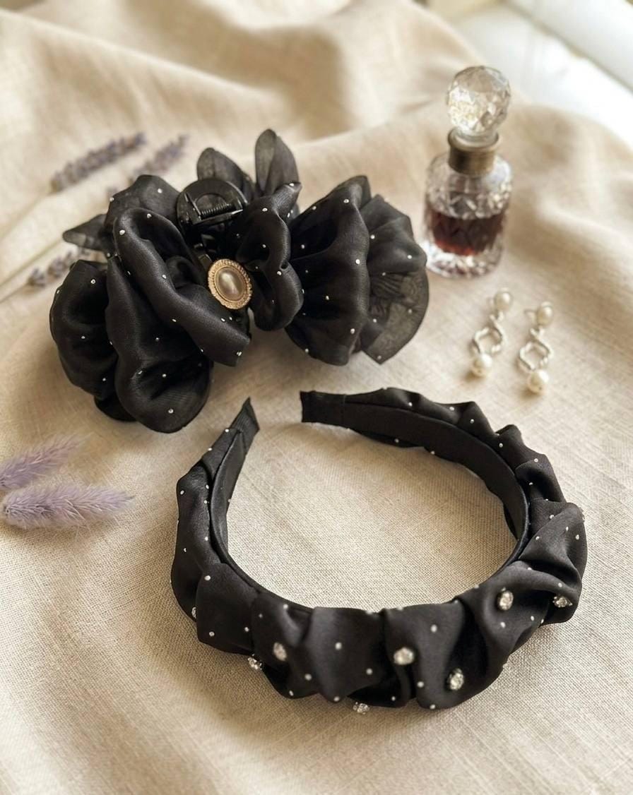 2Pcs Bundle   Handmade Black Rhinestone Mesh Hair Claw Clip and Headband Set, Sparkly Gothic Glam Tulle Hair Accessories  Prom Party Gift
