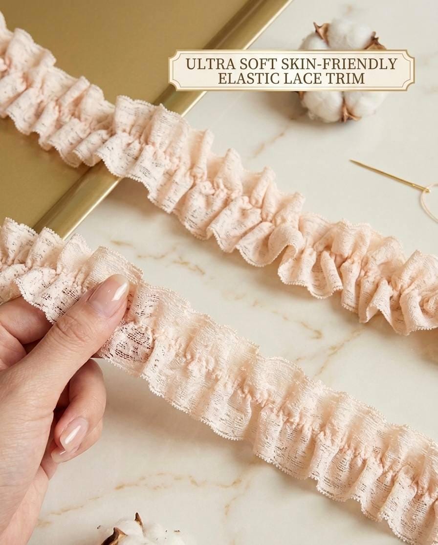 2" Super Soft Skin-Friendly Hand-Ruffled Elastic Lace Trim, Pastel Peach Stretchy Gathered Ruffle Lace  for Lingerie, Sewing, Crafts