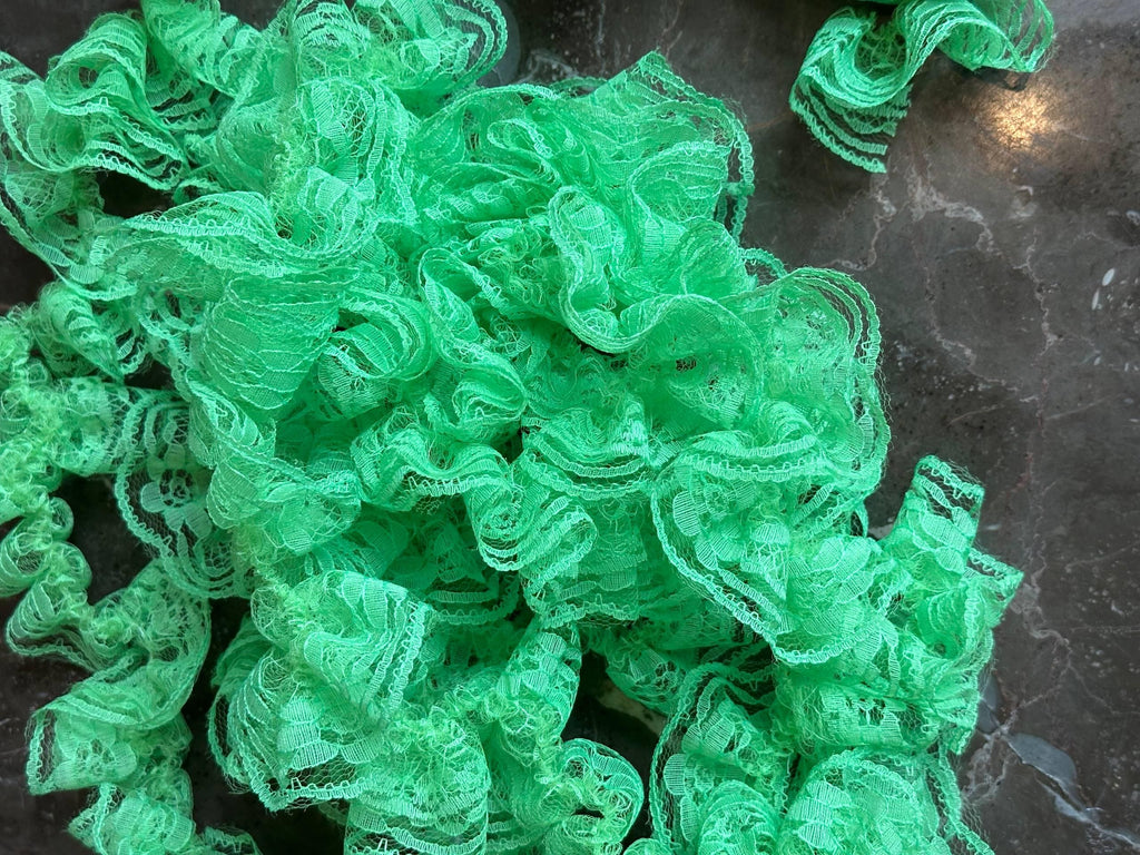 5 yard Stiff Vibrant Green Double-Layered Ruffle Lace Trim, Structured Pleated Mesh Ribbon for Hair Bows, Millinery, Costumes, Crafts