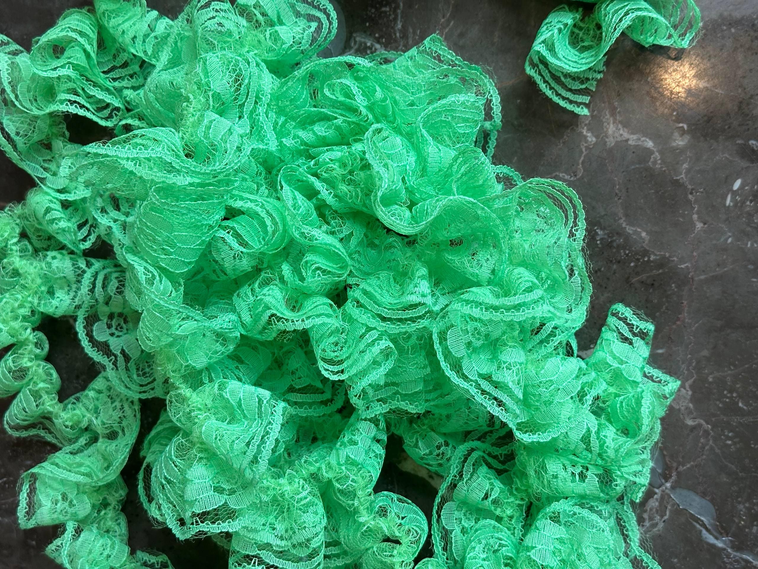 5 yard Stiff Vibrant Green Double-Layered Ruffle Lace Trim, Structured Pleated Mesh Ribbon for Hair Bows, Millinery, Costumes, Crafts