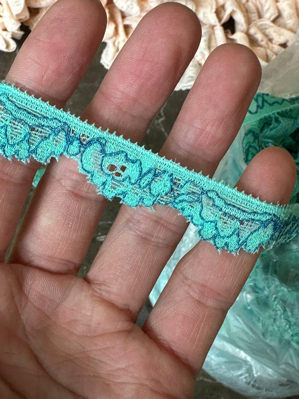 10 yard 0.5" Mint Green and Navy Blue Stretch Lace Trim, 0.5 Inch Delicate Stretchy Scalloped Lace Ribbon for Lingerie, Sewing