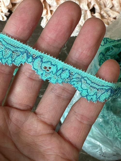 10 yard 0.5" Mint Green and Navy Blue Stretch Lace Trim, 0.5 Inch Delicate Stretchy Scalloped Lace Ribbon for Lingerie, Sewing