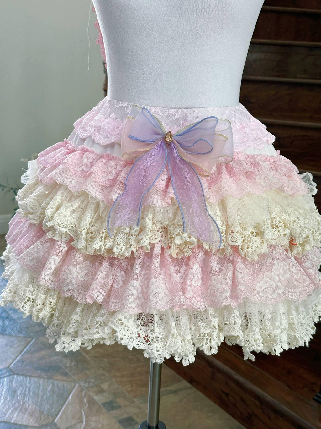 Not for Sale Gallery Display NFS  Handmade Sweet Lolita Tiered Lace Skirt -  Pastel Pink and Cream Frilly Petticoat Skirt