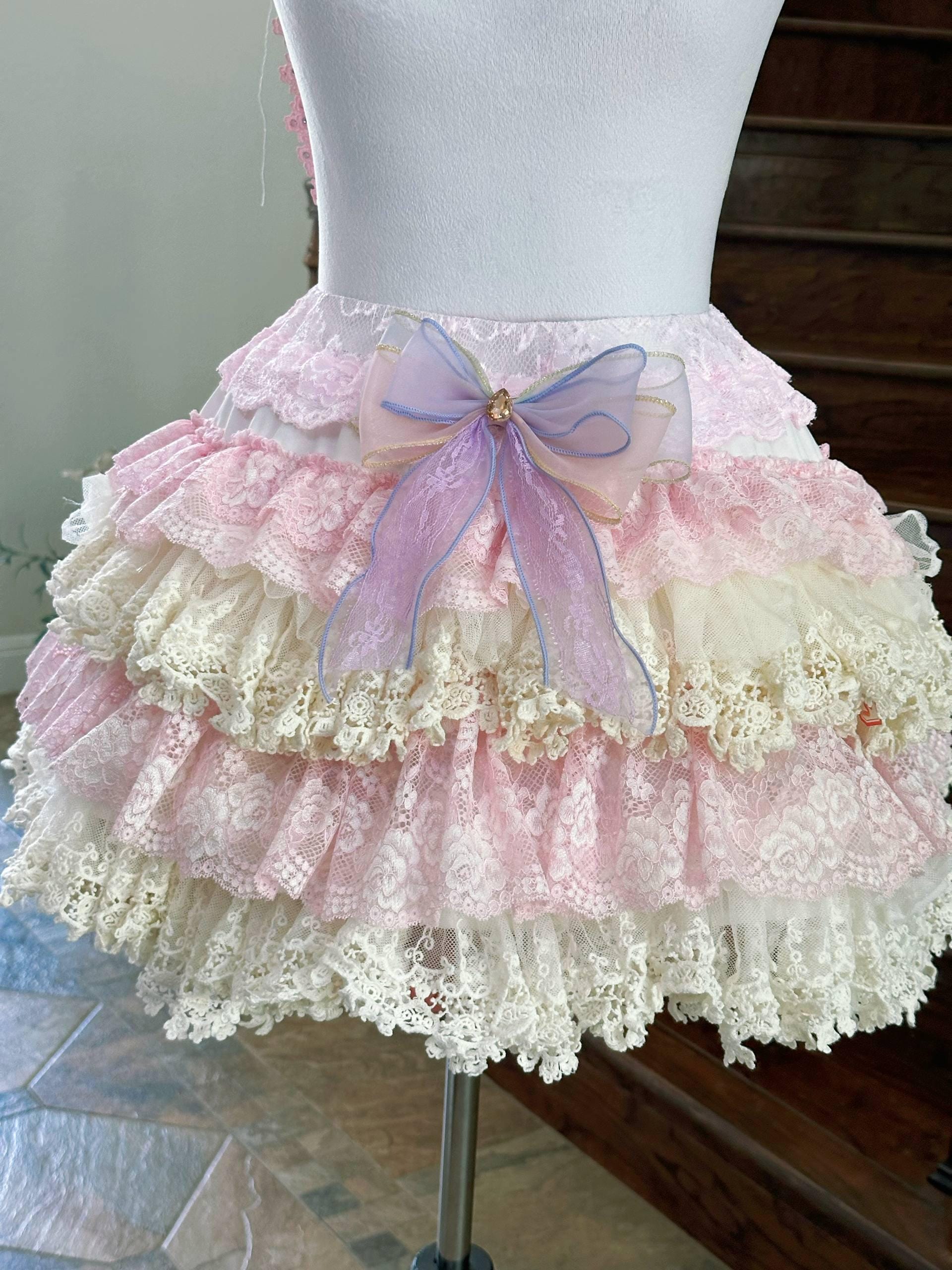 Not for Sale Gallery Display NFS  Handmade Sweet Lolita Tiered Lace Skirt -  Pastel Pink and Cream Frilly Petticoat Skirt