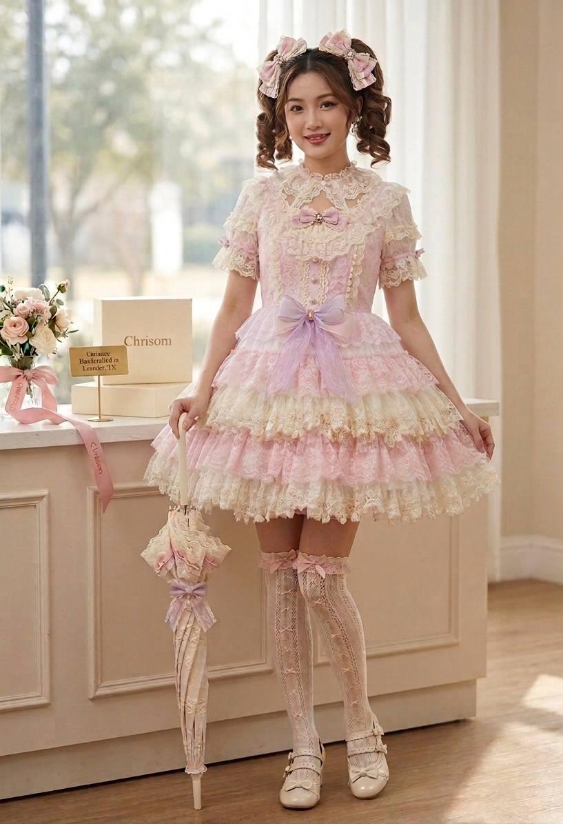 Not for Sale Gallery Display NFS  Handmade Sweet Lolita Tiered Lace Skirt -  Pastel Pink and Cream Frilly Petticoat Skirt