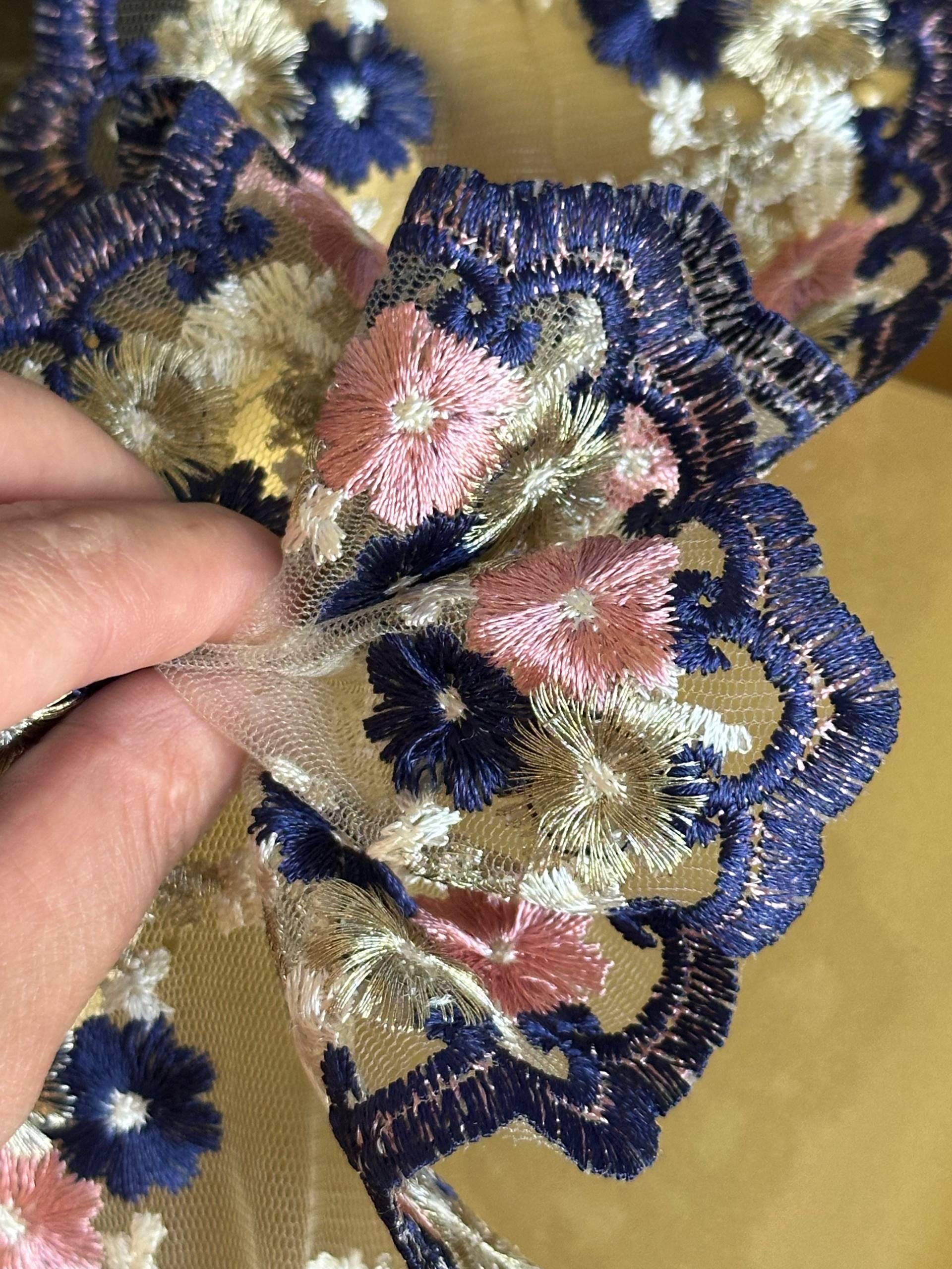 4.5" Navy & Pink Floral Embroidered Organza Lace Trim by the Yard, Heavy Craft Scalloped Double Edged Lace for Lolita Dress, Victorian Craft