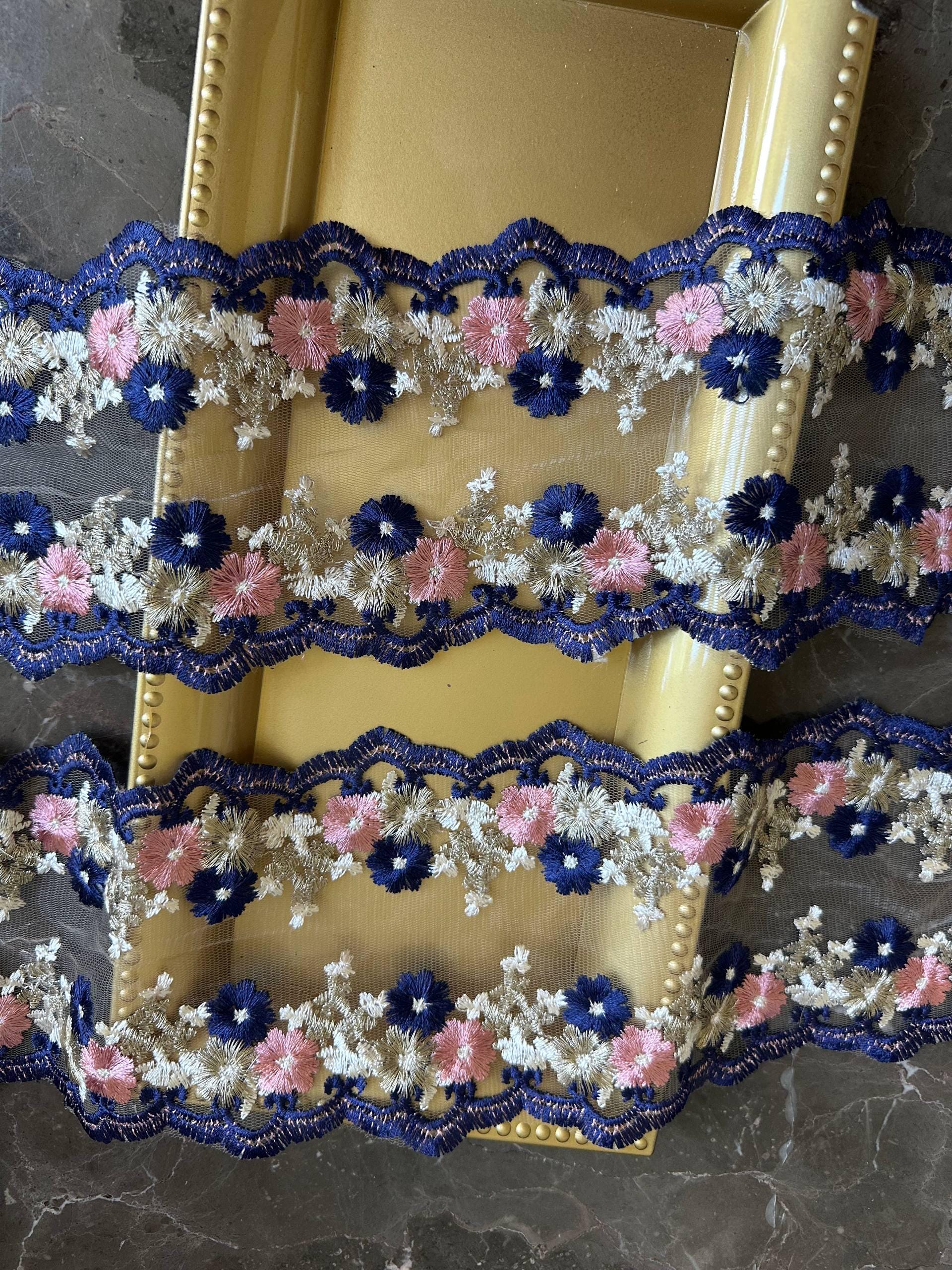 4.5" Navy & Pink Floral Embroidered Organza Lace Trim by the Yard, Heavy Craft Scalloped Double Edged Lace for Lolita Dress, Victorian Craft
