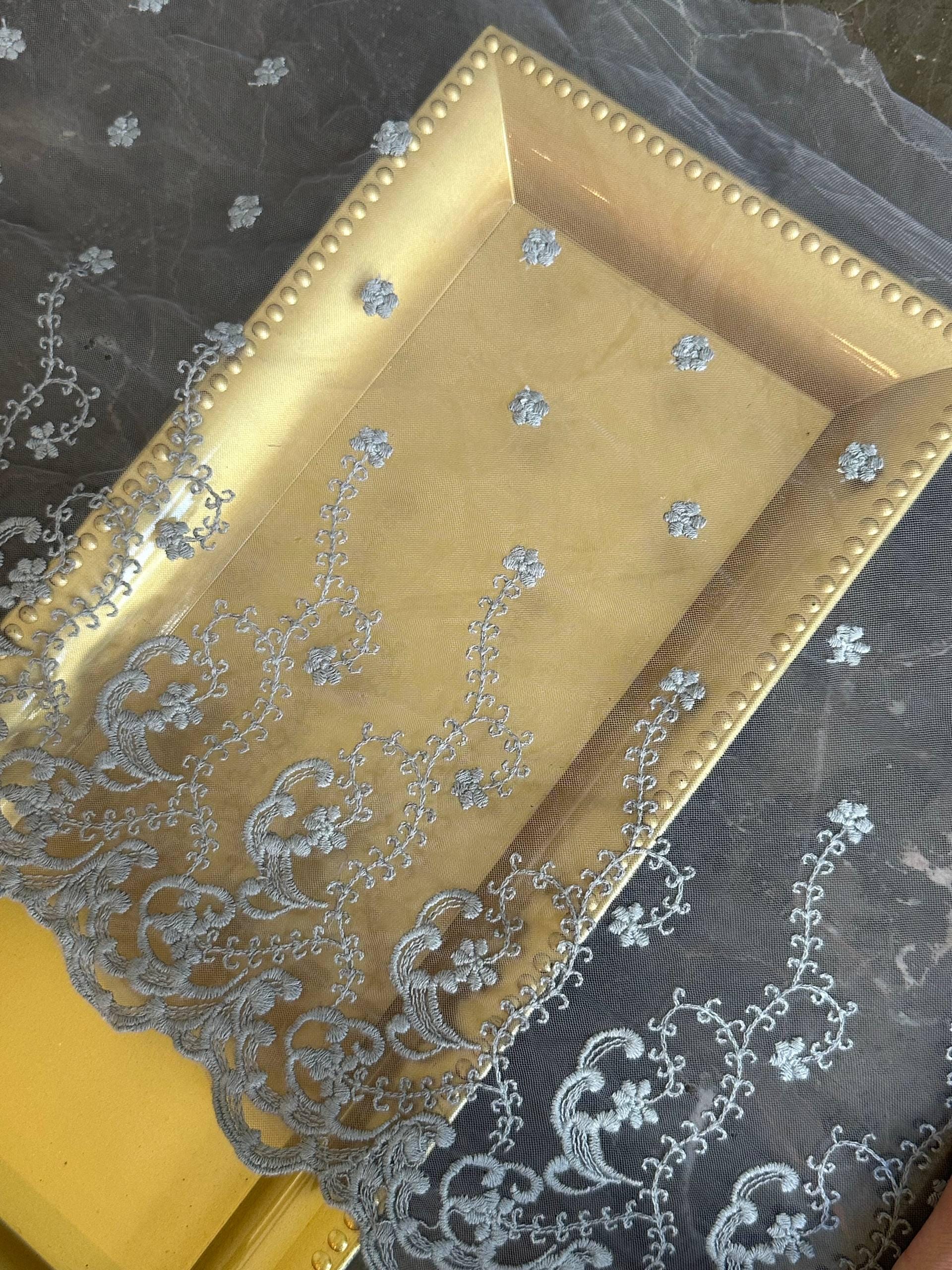 12" Dusty Purple Embroidered Tulle Lace Trim by the Yard, Wide Scalloped Floral Lace for Wedding Gown, Bridal Veil, Victorian Dress Hem