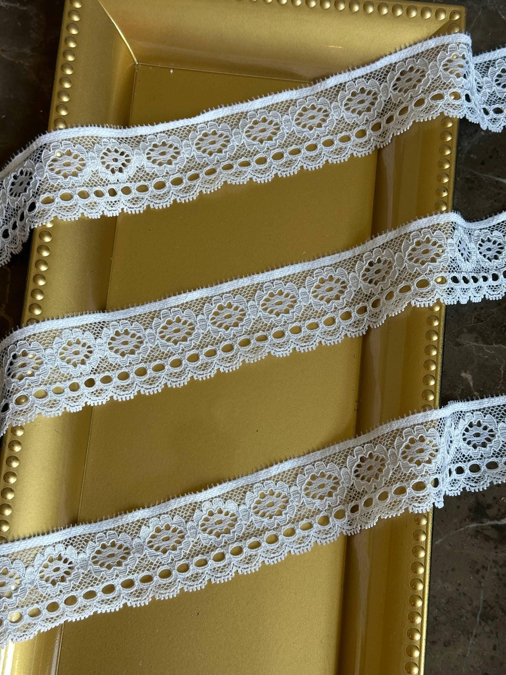 5yard 1.5" White Stretch Eyelash Lace Trim with Ribbon Slits by the Yard, Elastic Beading Lace Insert for Lolita, Lingerie, Garter, Doll