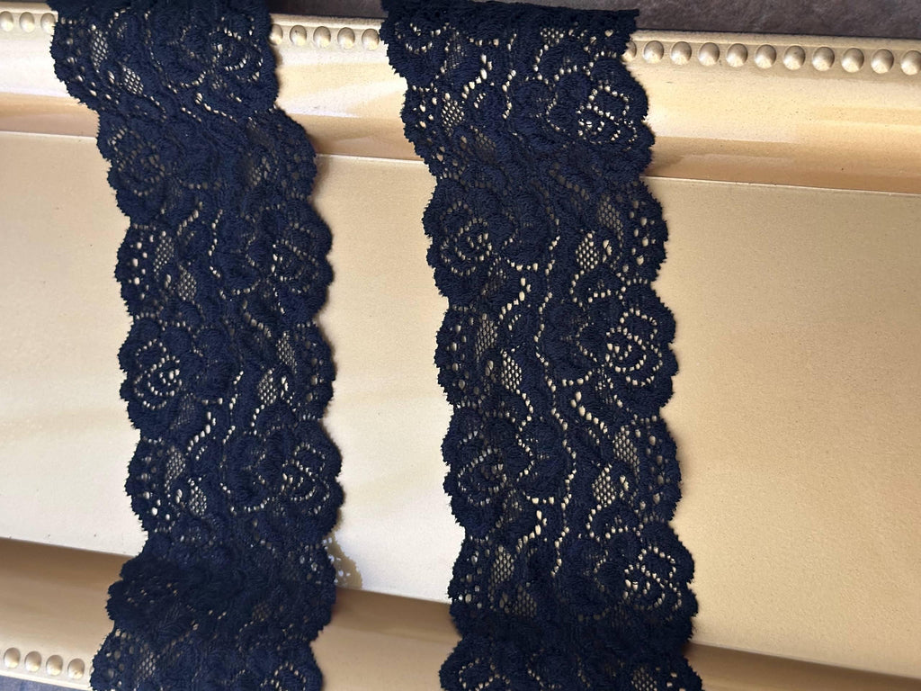 3yard,2.3" Black Stretch Lace Trim by the Yard, Soft Floral Elastic Double Scalloped Lace for Gothic Lolita, Lingerie, Choker, Doll Clothes
