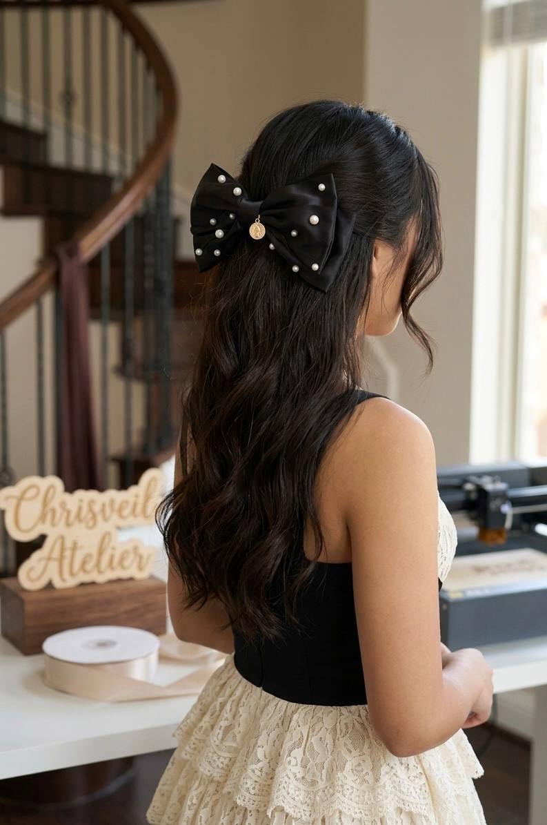 7 Inch Large Black Satin Bow Hair Clip with Pearls, Oversized Silk Hair Bow French Barrette, Vintage Coin Charm Coquette Hair Accessory