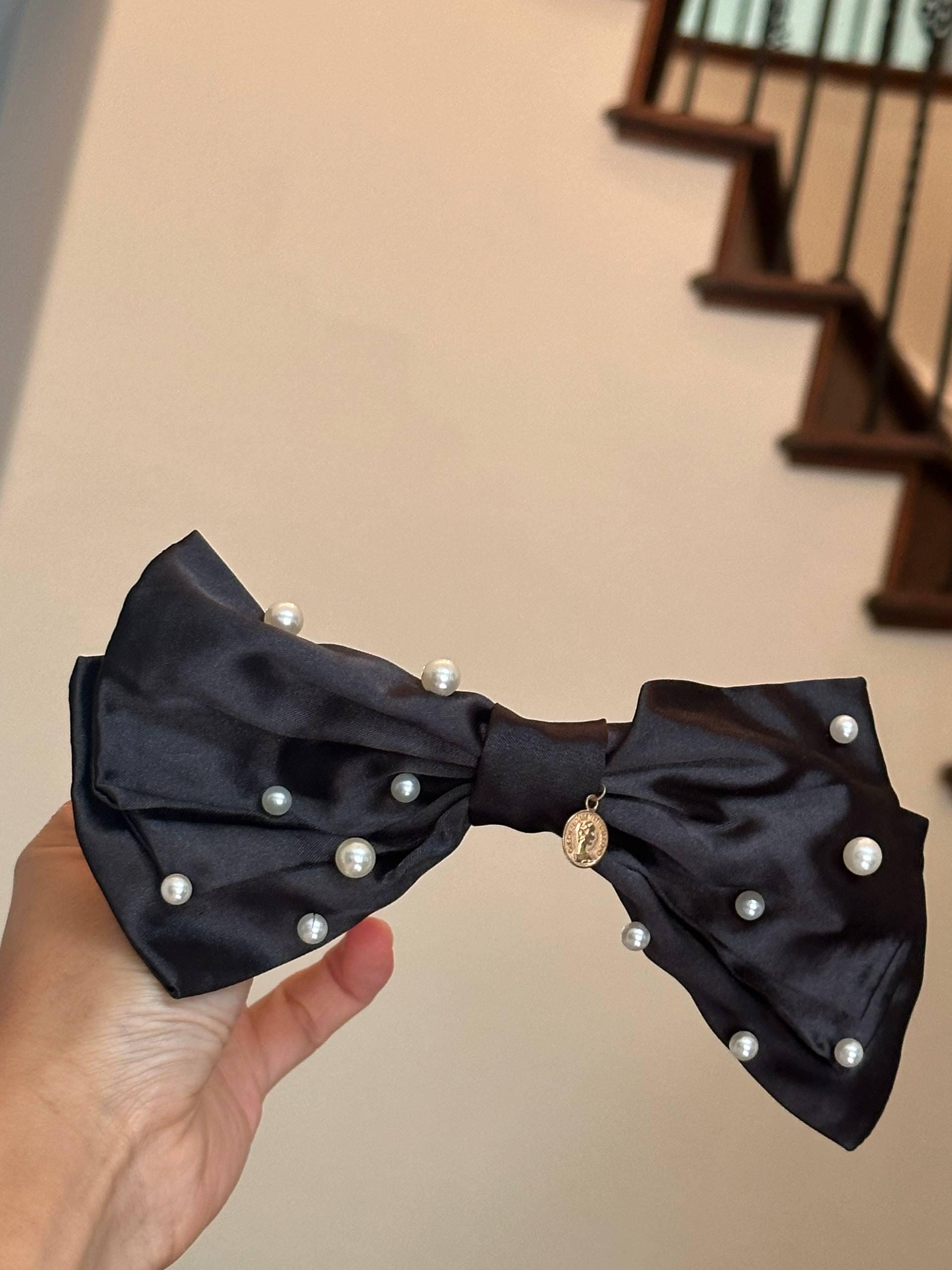 7 Inch Large Black Satin Bow Hair Clip with Pearls, Oversized Silk Hair Bow French Barrette, Vintage Coin Charm Coquette Hair Accessory