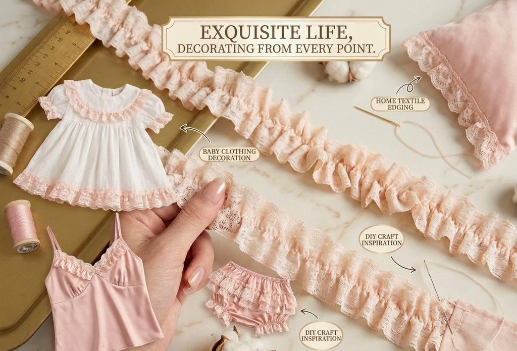 2" Super Soft Skin-Friendly Hand-Ruffled Elastic Lace Trim, Pastel Peach Stretchy Gathered Ruffle Lace  for Lingerie, Sewing, Crafts