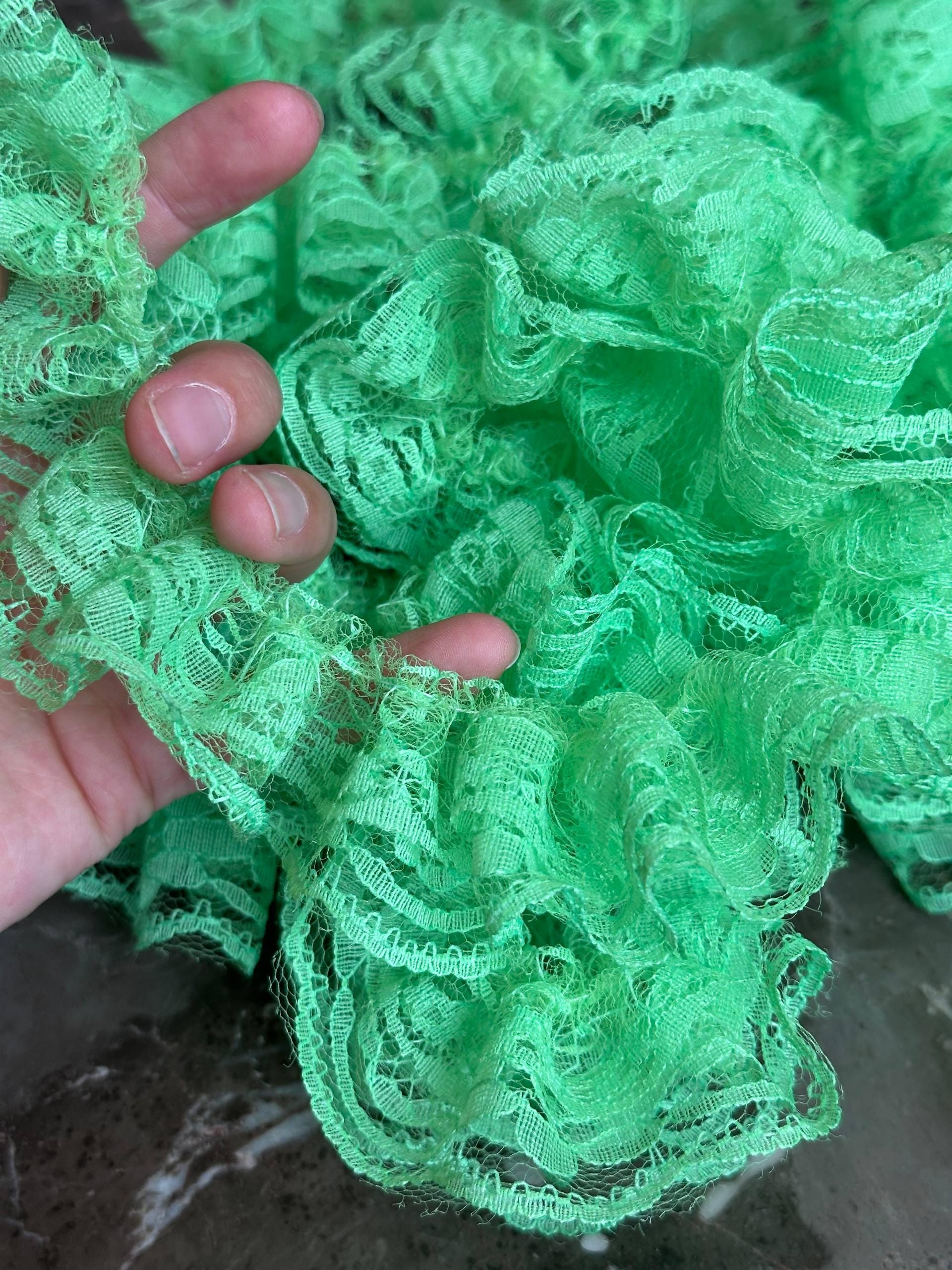5 yard Stiff Vibrant Green Double-Layered Ruffle Lace Trim, Structured Pleated Mesh Ribbon for Hair Bows, Millinery, Costumes, Crafts