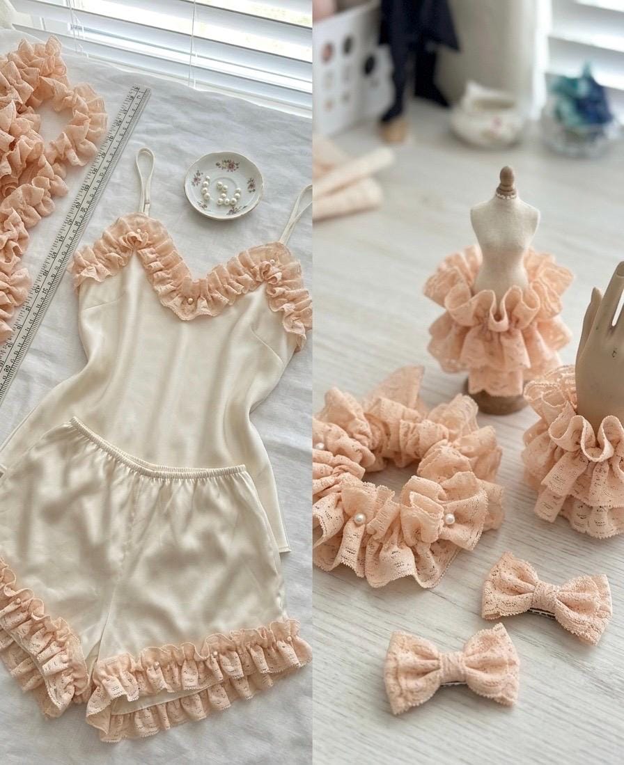 2" Super Soft Skin-Friendly Hand-Ruffled Elastic Lace Trim, Pastel Peach Stretchy Gathered Ruffle Lace  for Lingerie, Sewing, Crafts