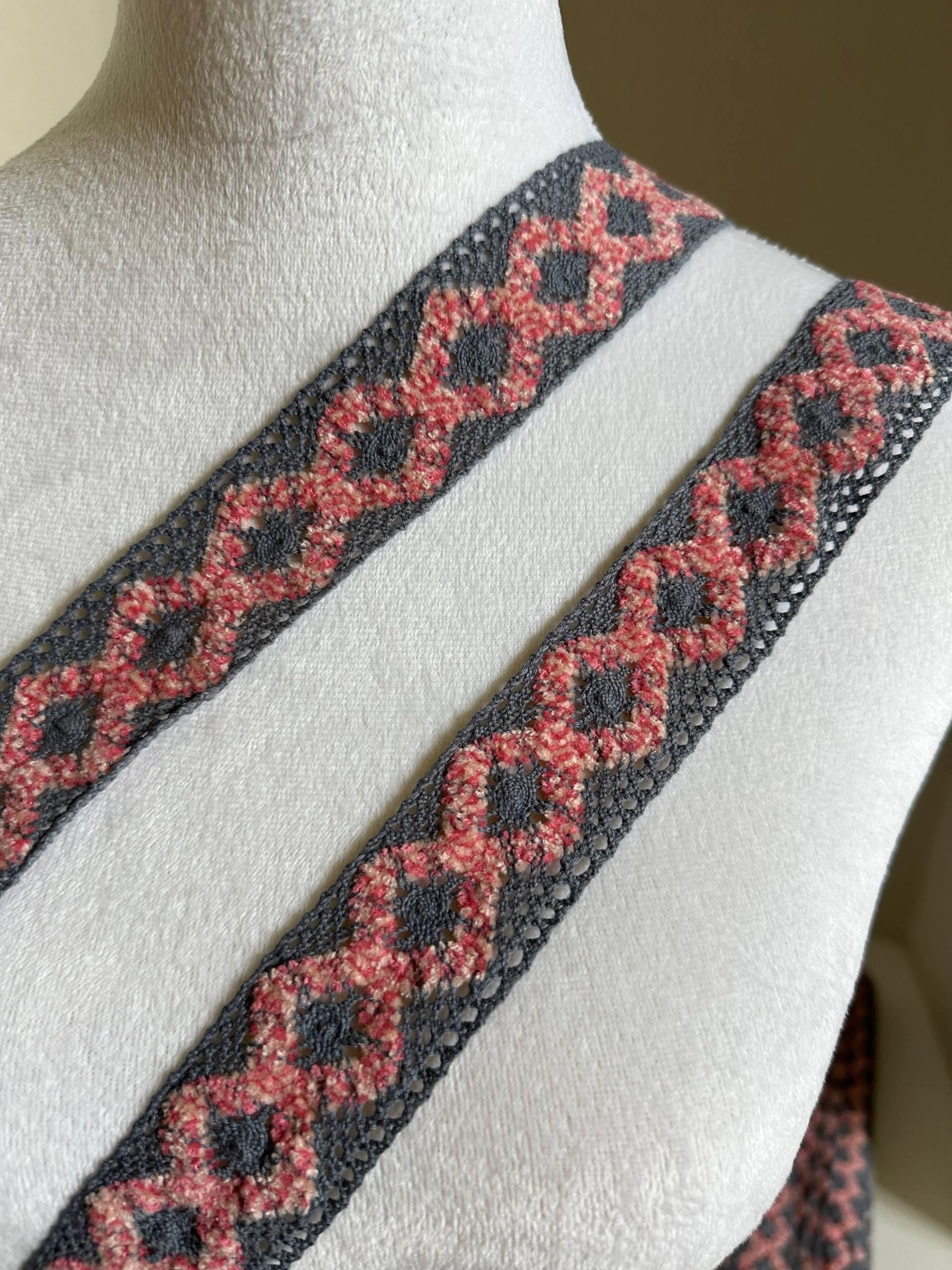 1.5" Crochet Cotton Lace Trim Gray & Pink, Two Tone Boho Geometric Non-Stretch Ribbon for Cottagecore Sewing, Folk Costume Edging by Yard