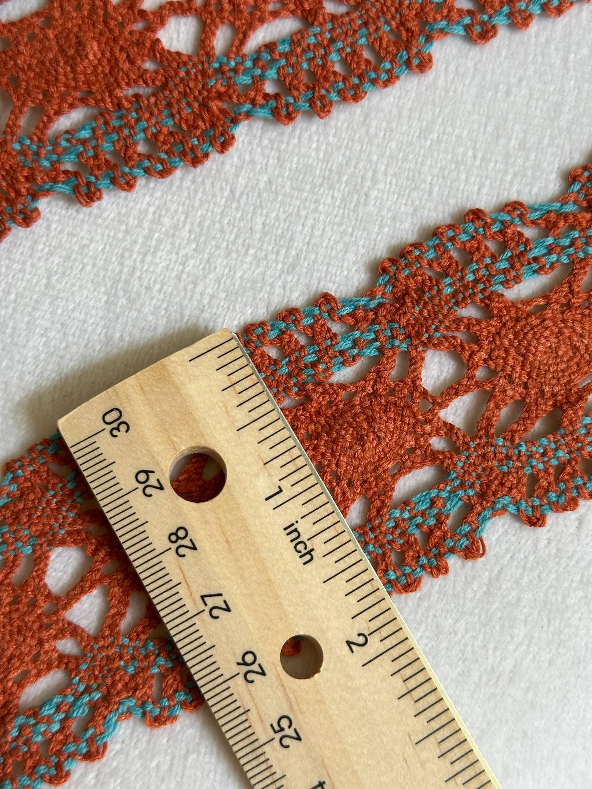 1.5" Crochet Cotton Lace Trim Rust Orange & Teal, Two Tone Geometric Non-Stretch Ribbon for Cottagecore Sewing, Boho Folk Costume  by Yard