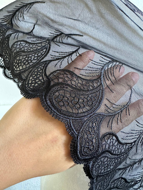2.5yard 7.5" Black Paisley Lace Trim Wide Embroidered Feather Soft Mesh Single Scalloped Edge Ribbon for Garment Lingerie Sewing