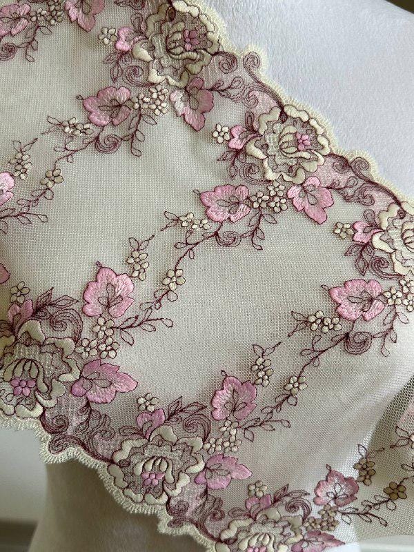 8.5 Inch Wide Soft Mesh Lace Trim, Pink Floral Eyelash Tulle Ribbon for Sewing, Luxurious Bridal Craft