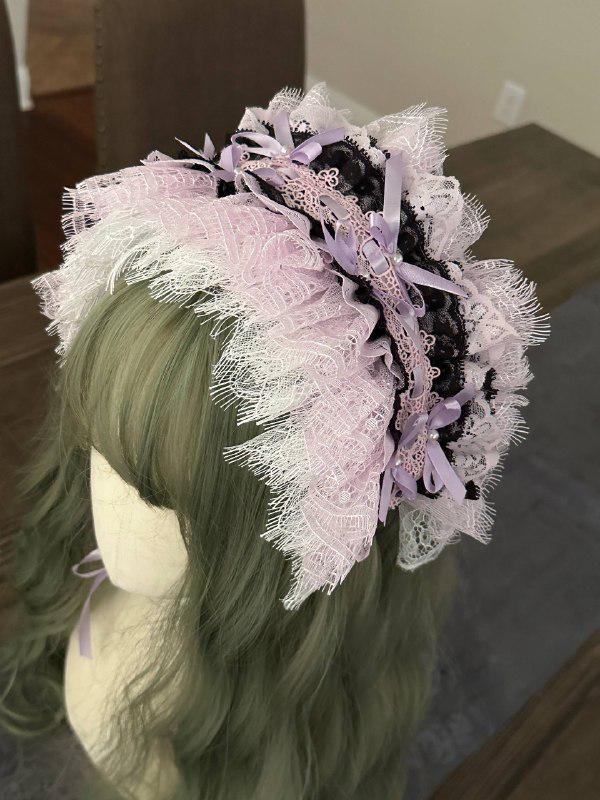 Handmade Lolita Headband, Heavy Craft Ruffle Lace KC Hair Accessory, Sweet Pink Lavender and Gothic Black Lace Headdress with Bows