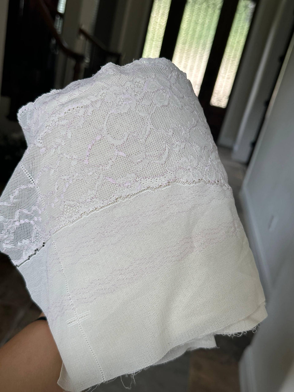 Two Tone Cream Beige & Pale Pink Floral Galloon Lace Trim Symmetrical Double Scalloped Edge Tulle Ribbon for Gowns Crafts Sewing, 7.65"
