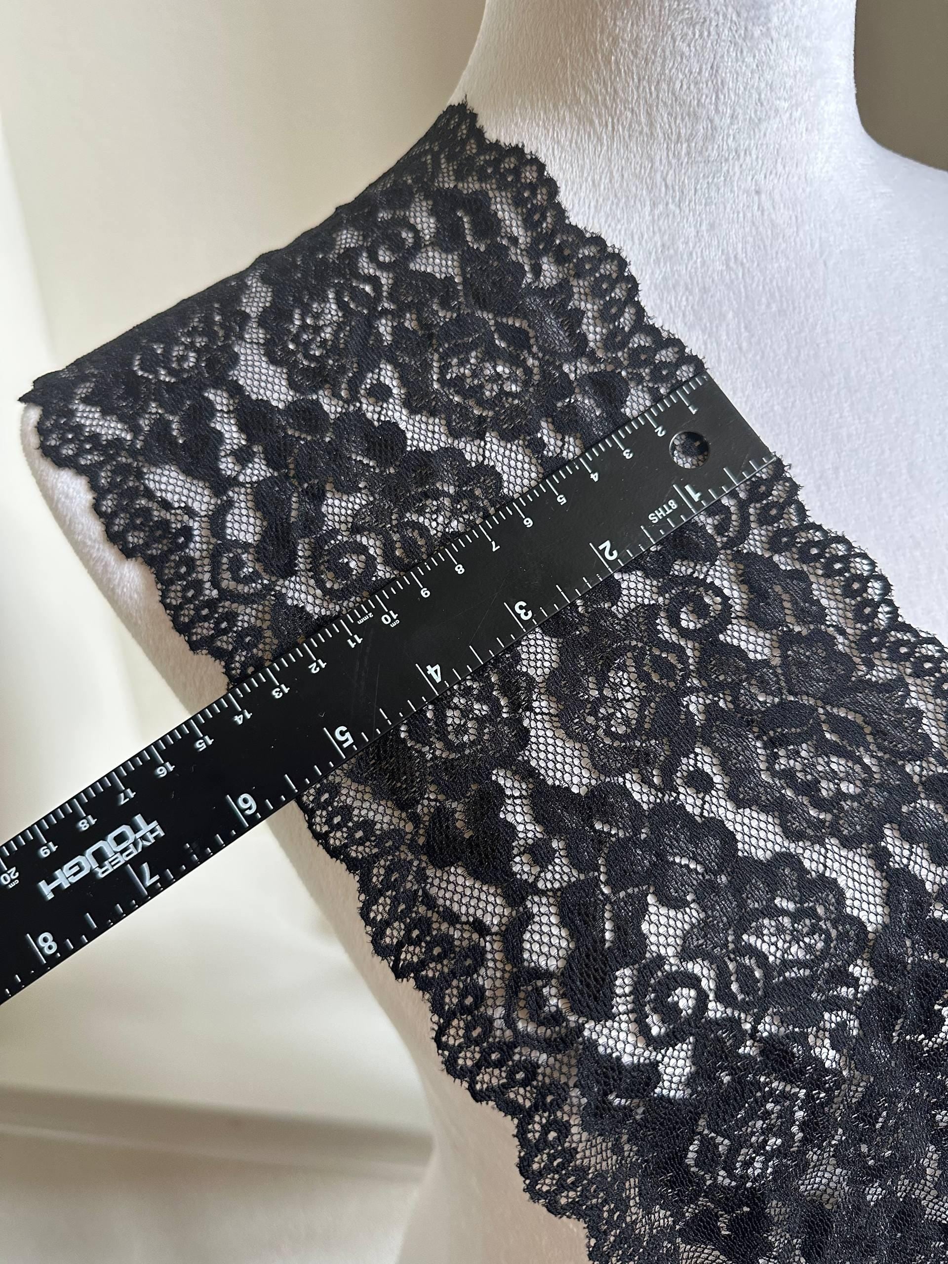 6 Inches Wide Black Elastic Lace Ribbon, Soft Floral Stretch Lace Trim for Lingerie Sewing, Costume Paneling, Bows, Crafts by the Yard