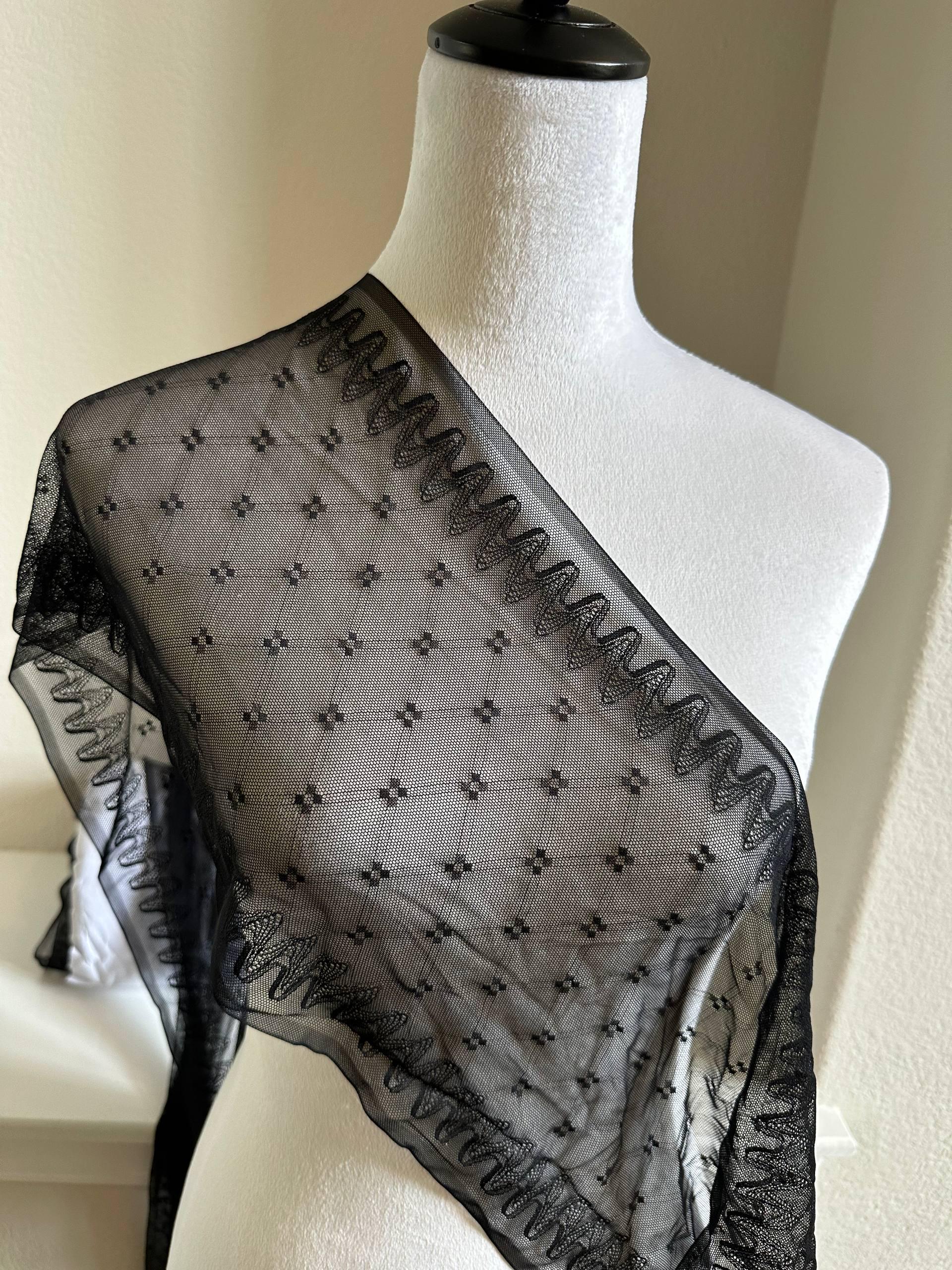 Black Geometric Point d'Esprit Mesh Lace Trim by the Yard, Wide Straight Edge Sheer Tulle Ribbon for Veil Bridal Lingerie, 8"