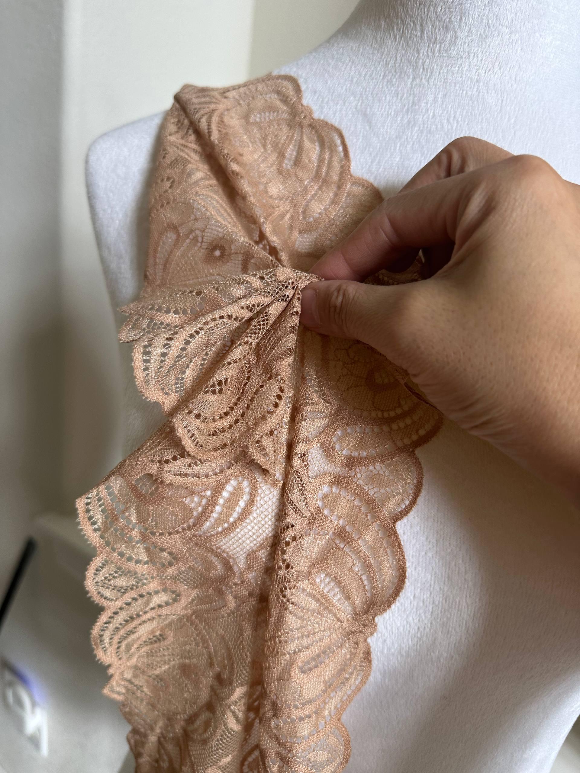 5" Champagne Gold Stretch Lace Trim Wide Nude Elastic Galloon Scalloped Edge Floral Ribbon for Lingerie Underwear Garment Sewing