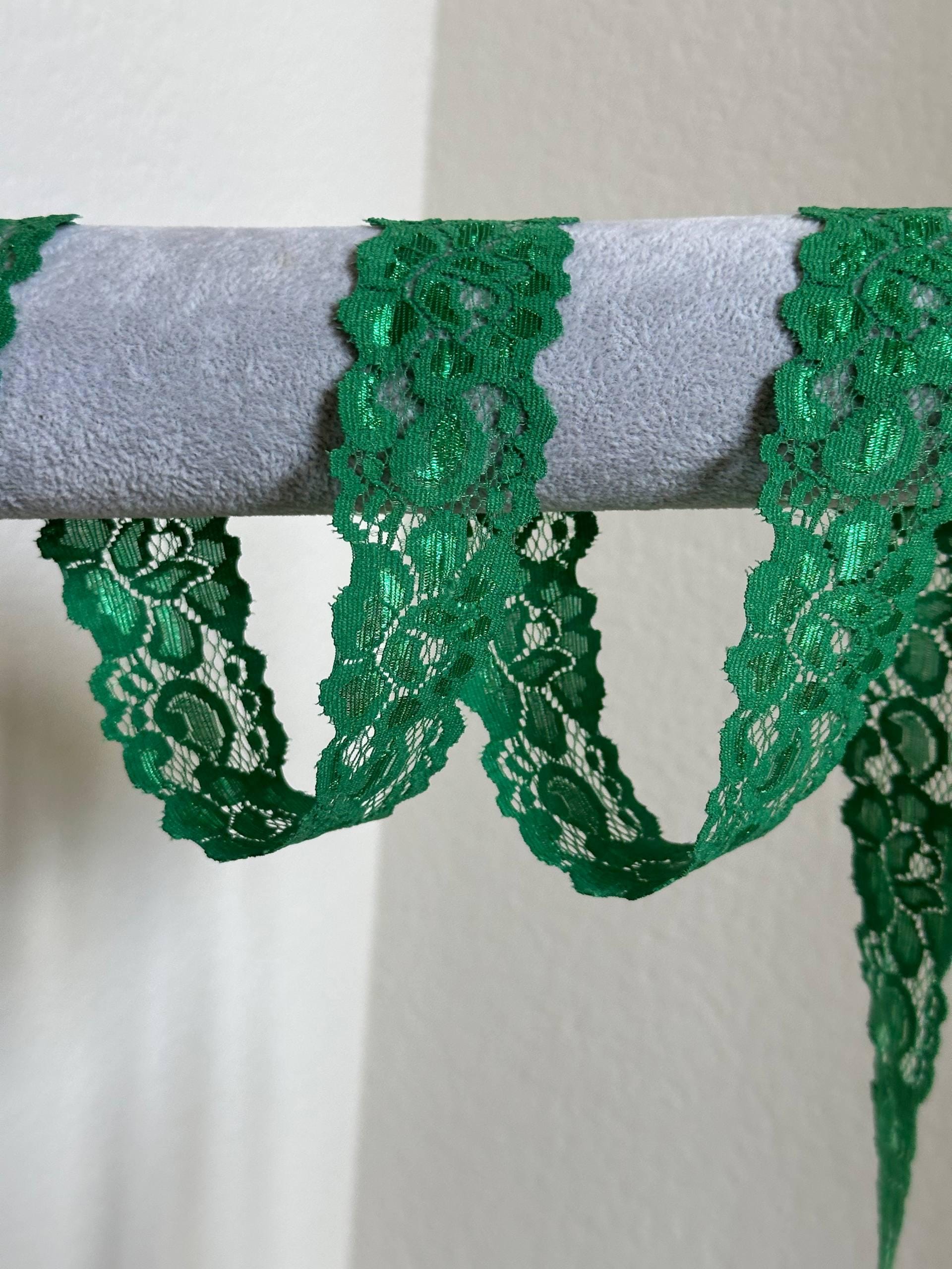 1.5" Kelly Green Stretch Elastic Lace Trim Floral Silky Shiny Scalloped Edge Ribbon for Lingerie Underwear Crafts Sewing