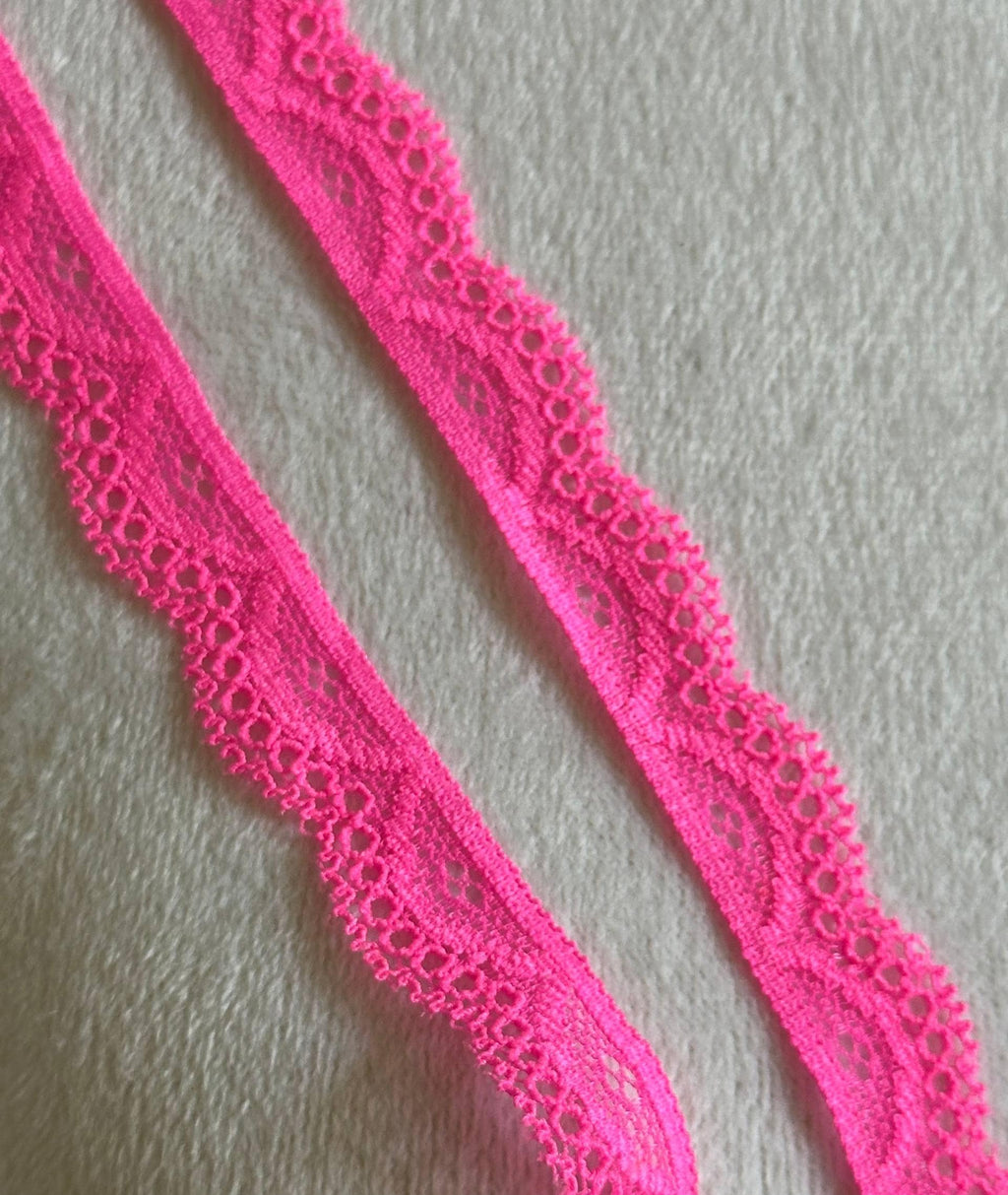0.6" Hot Pink Stretch Elastic Lace Trim Dainty Scalloped Edge Neon Pink Ribbon for Lingerie Underwear Headbands Crafts Sewing