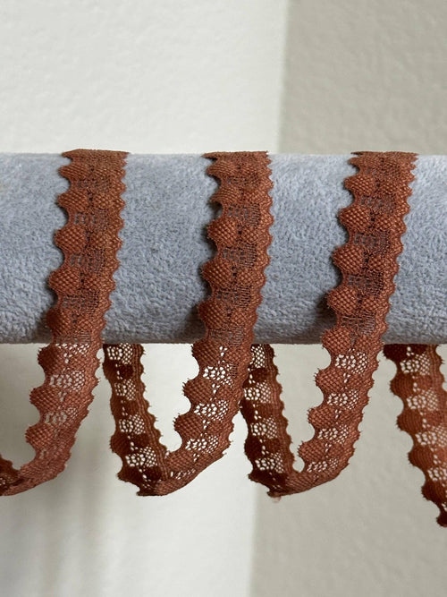 0.7" Terracotta Brown Stretch Elastic Lace Trim Dainty Scalloped Edge Mini Floral Ribbons for Lingerie Headbands Crafts Sewing