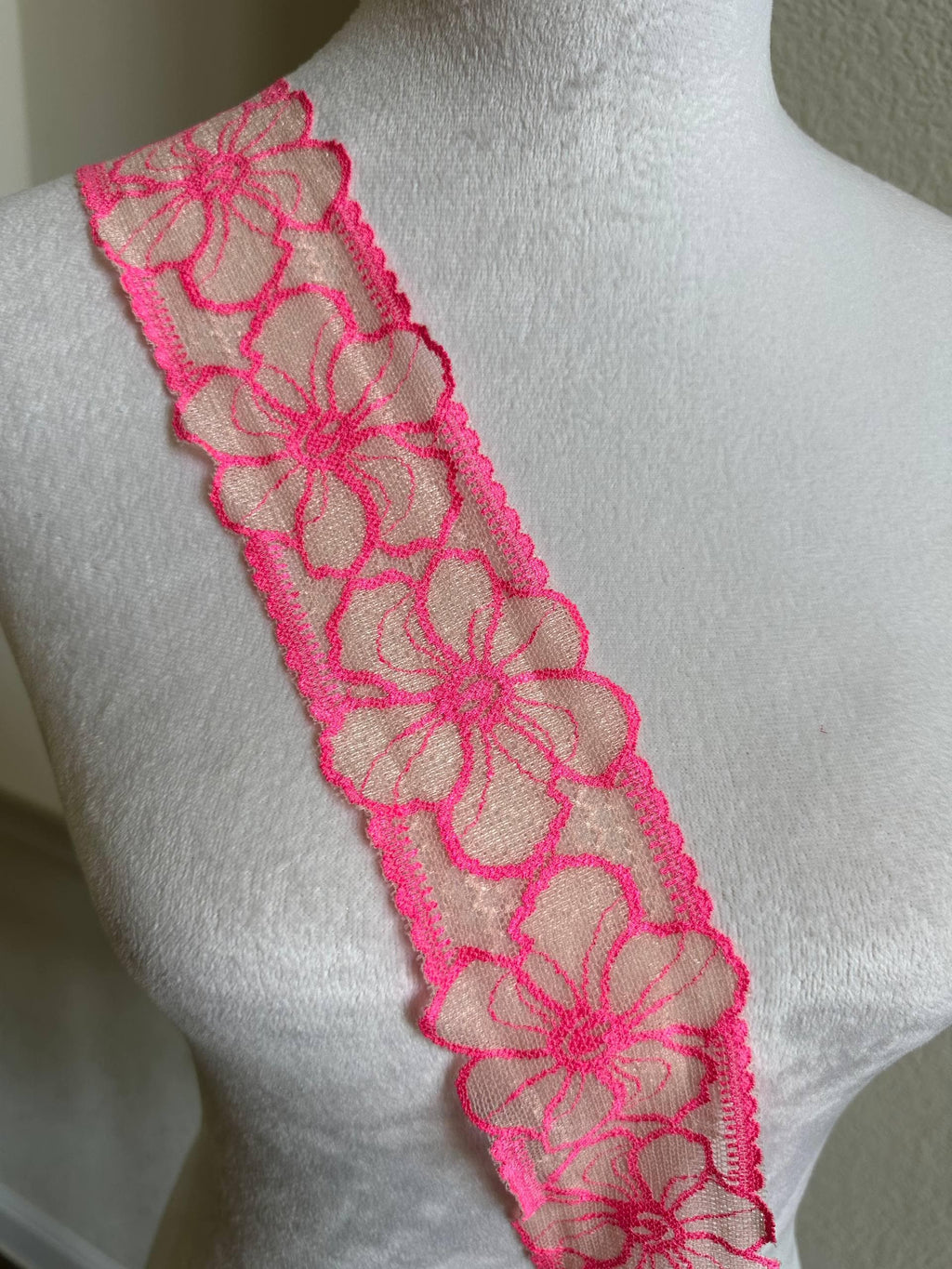 Neon Pink Floral Lace Trim 2.25 Inch Wide Slightly Stretch Elastic Ribbon by the Yard for Lingerie Doll Making Sewing Crafting Supplies