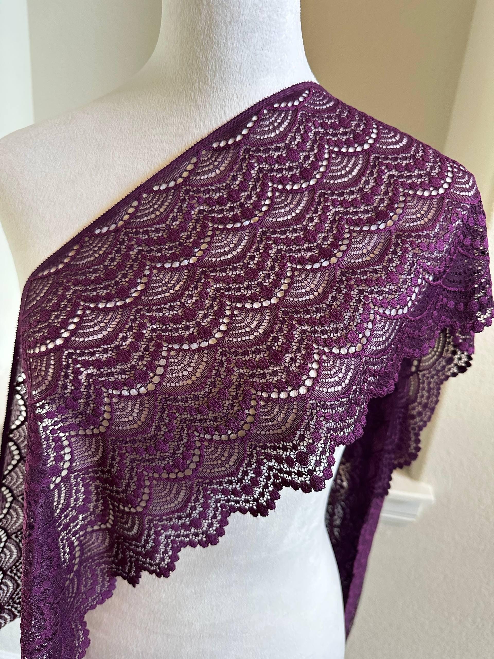9" Plum Purple Stretch Lace Trim Wide Chevron Wave Elastic Lace for Lingerie Underwear Garment Sewing Crafts Bridal Veils by the Yard