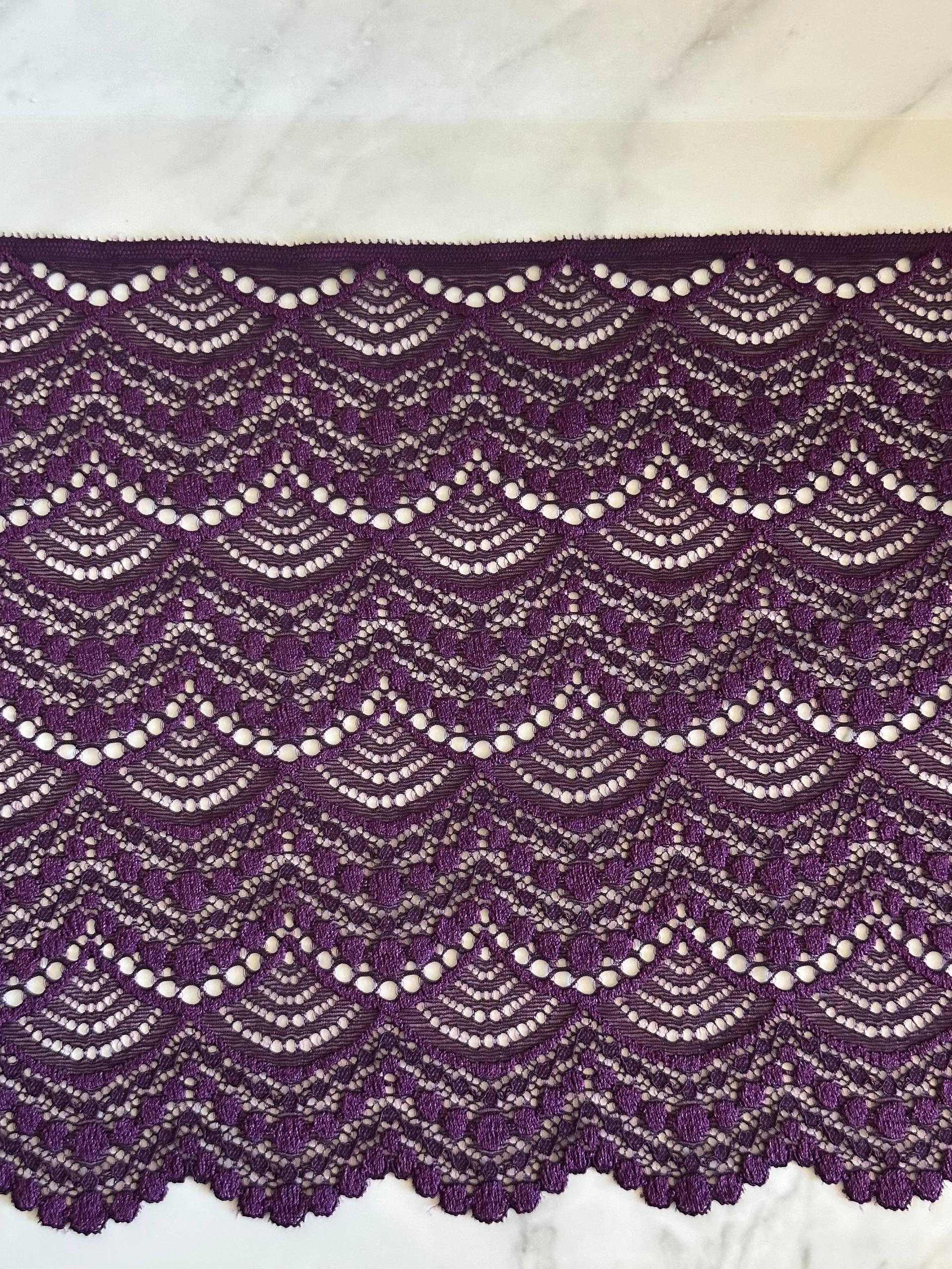 9" Plum Purple Stretch Lace Trim Wide Chevron Wave Elastic Lace for Lingerie Underwear Garment Sewing Crafts Bridal Veils by the Yard