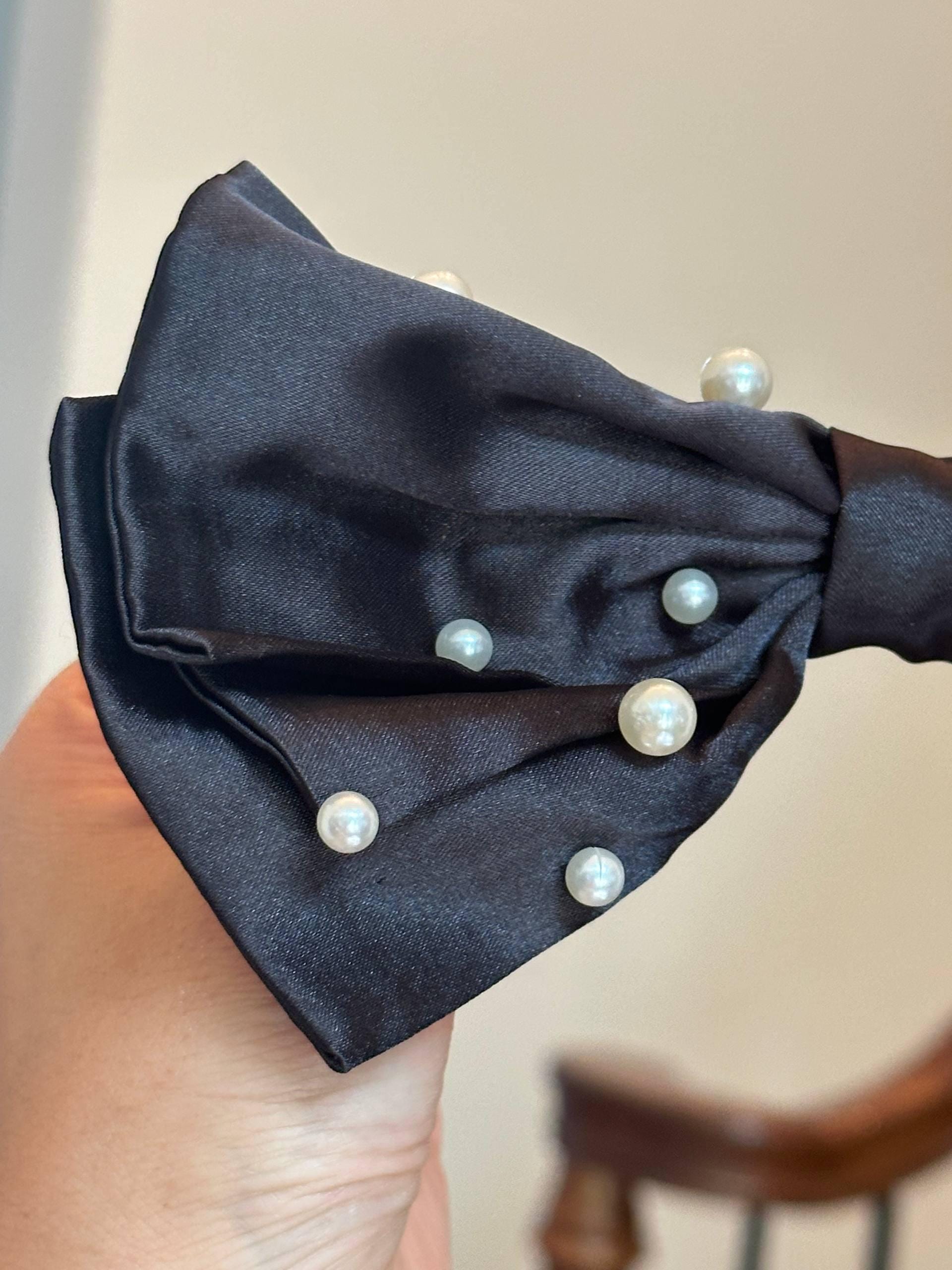 7 Inch Large Black Satin Bow Hair Clip with Pearls, Oversized Silk Hair Bow French Barrette, Vintage Coin Charm Coquette Hair Accessory