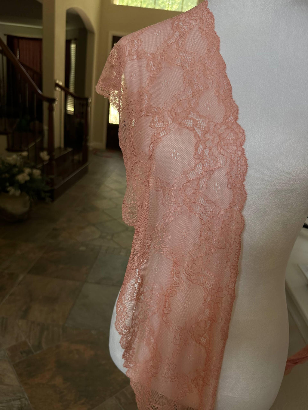 7.85" Coral Pink Stretch Lace Trim Wide Floral Elastic Galloon Scalloped Edge Lace for Lingerie Underwear Garment Sewing Crafts by the Yard