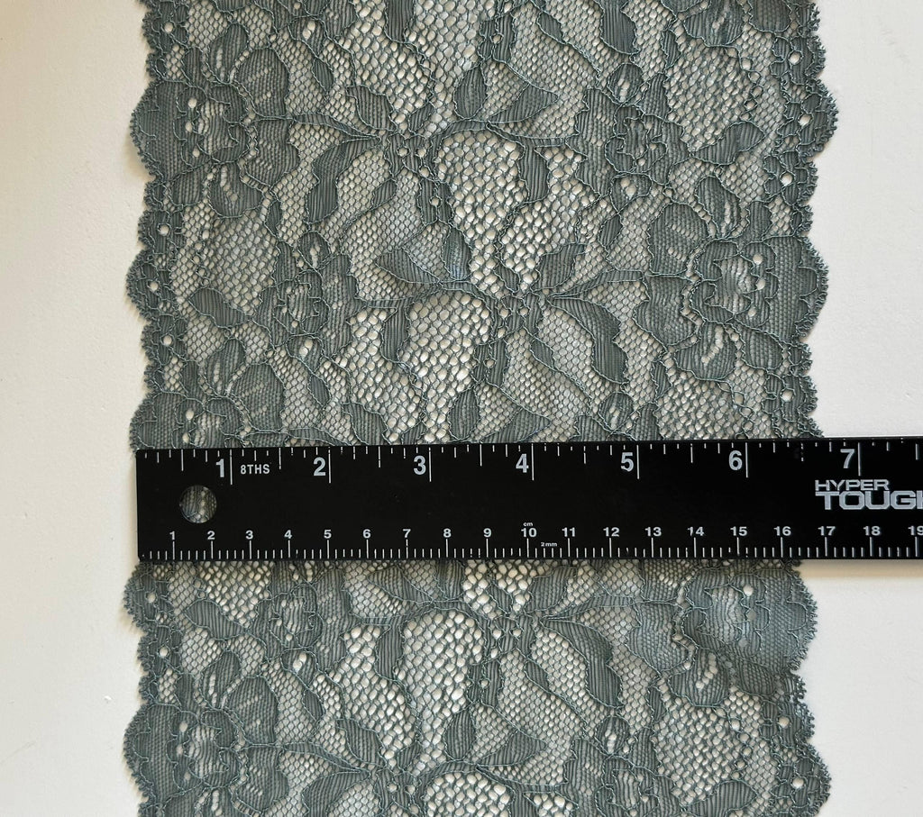 7" Sage Gray Stretch Lace Trim Wide Feather Wave Elastic Galloon Scalloped Edge Lace for Lingerie Underwear Garment Sewing Craft by the Yard