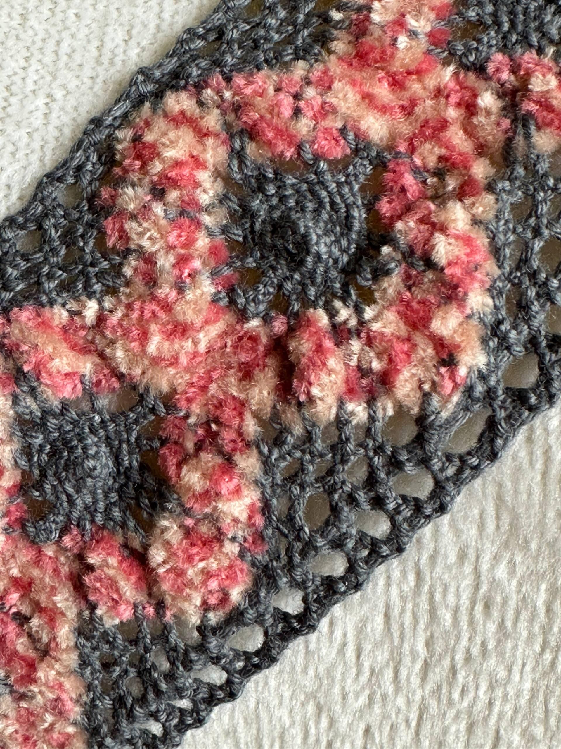 1.5" Crochet Cotton Lace Trim Gray & Pink, Two Tone Boho Geometric Non-Stretch Ribbon for Cottagecore Sewing, Folk Costume Edging by Yard