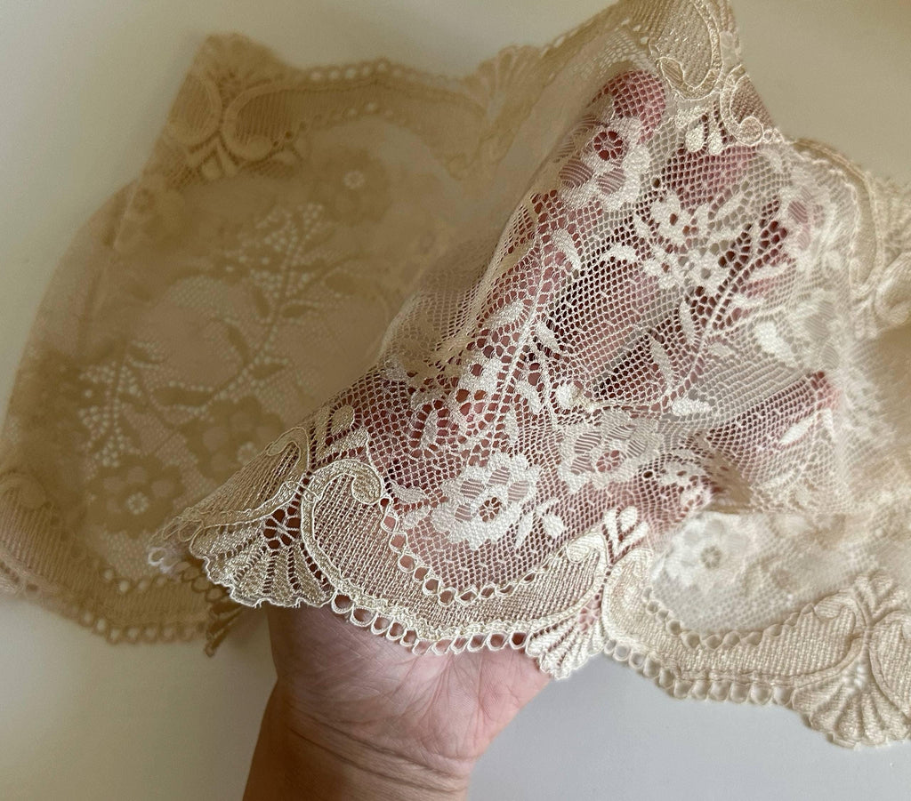 2.2yard 7" Champagne Gold Stretch Lace Trim Wide Beige Floral Elastic Galloon Scalloped Edge Lace for Lingerie Underwear Garment Sewing
